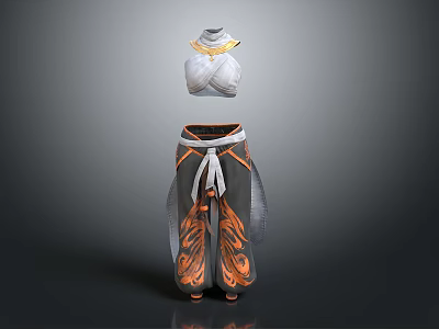 White Crisscross Design Top With Golden Trim And Gray Pants Orange Patterns White Orange Belt Side Sheer Panels 3d model