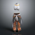 White Crisscross Design Top With Golden Trim And Gray Pants Orange Patterns White Orange Belt Side Sheer Panels