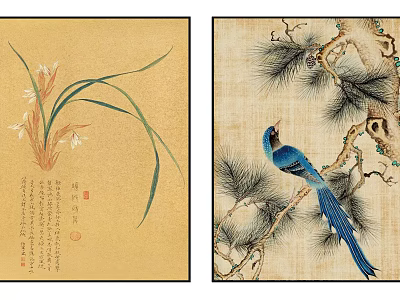 Traditional Chinese Paintings Featuring Orchid Pine Branch And Blue Bird Details 3d model