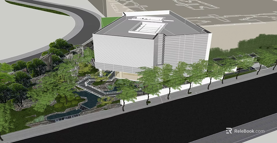 Modern Sales Office Building With Landscaped Gardens And Water Features 3d model 