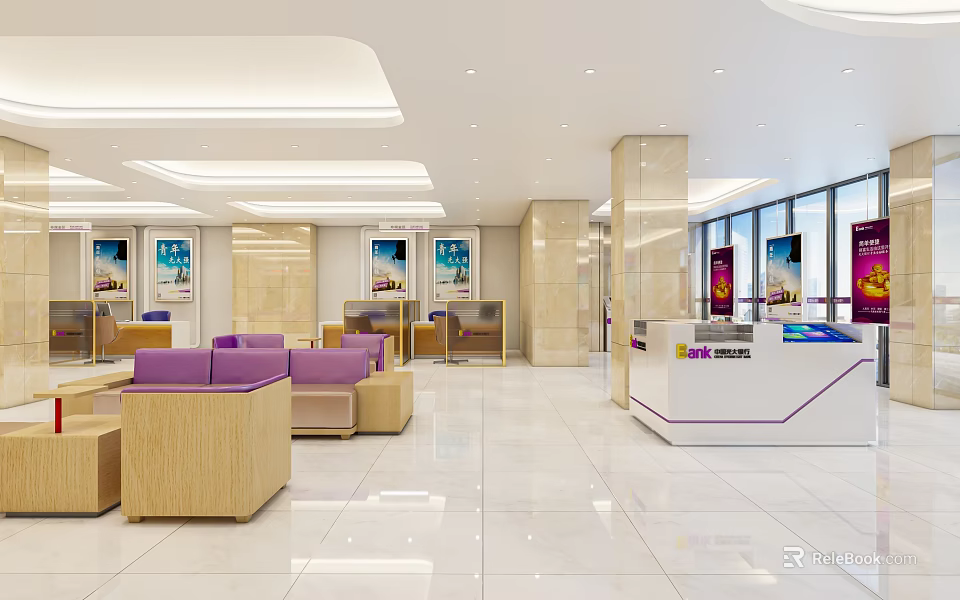 Modern Bank Lobby Interior With Purple Sofas Wooden Furniture And Service Counter 3d model 