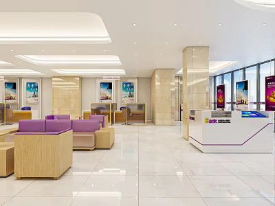 Modern Bank Lobby Interior With Purple Sofas Wooden Furniture And Service Counter 3d model