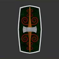 Medieval Shield Weapon With Green Surface Orange Red Spiral Patterns And Silver Metal Centerpiece