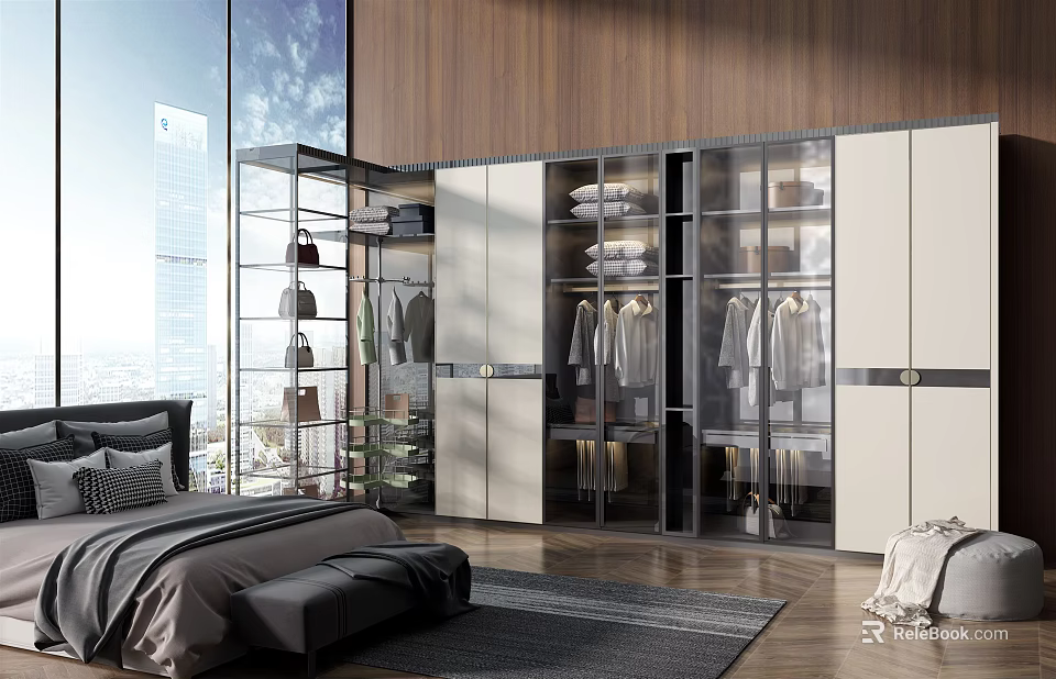 Modern Bedroom Interior With Stylish Wardrobe Featuring Glass And Wooden Doors And Hanging Clothes Storage 3d model 