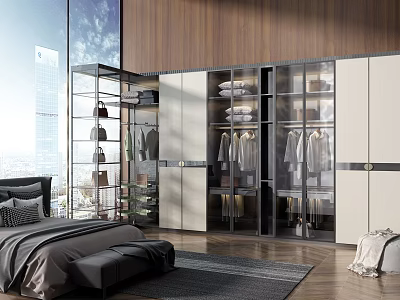 Modern Bedroom Interior With Stylish Wardrobe Featuring Glass And Wooden Doors And Hanging Clothes Storage 3d model