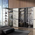 Modern Bedroom Interior With Stylish Wardrobe Featuring Glass And Wooden Doors And Hanging Clothes Storage