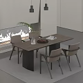 Modern Dining Table Set With Beige Chairs And Fireplace Background 3d model