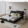 Modern Double Bed with Black Headboard White Sheets Yellow Pillows and Wooden Floor Bedroom