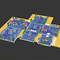 Indoor Space Layout Model With Multiple Sections Blue Flooring Yellow Borders Green Plants And Tables