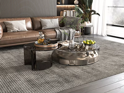 Stylish Brown Leather Sofa with Decorative Pillows Metal Glass Coffee Table Set and Potted Plant 3d model