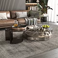 Stylish Brown Leather Sofa with Decorative Pillows Metal Glass Coffee Table Set and Potted Plant