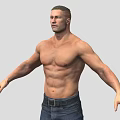 Shirtless Muscular Man in Blue Jeans with Arms Outstretched Against Grey Background
