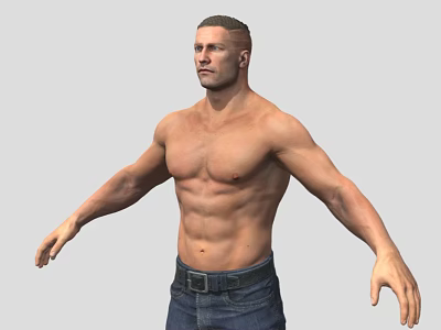 Shirtless Muscular Man in Blue Jeans with Arms Outstretched Against Grey Background 3d model