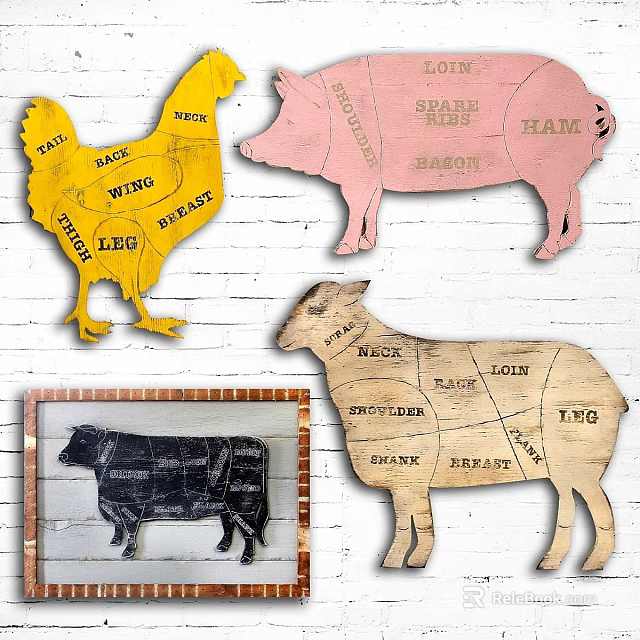 Wooden Chicken Pig Cow Sheep Shape Wall Decor With Meat Cut Labels 3d model 