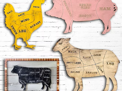 Wooden Chicken Pig Cow Sheep Shape Wall Decor With Meat Cut Labels 3d model