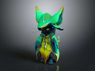3D Fantasy Creature Figurine With Green Pointed Ear Hat Yellow Outfit And Black Body 3d model