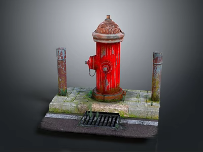 Vintage Red Fire Hydrant With Rusty Poles On Stone Paved Surface And Drain Grate 3d model