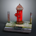 Vintage Red Fire Hydrant With Rusty Poles On Stone Paved Surface And Drain Grate