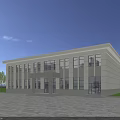 Modern Office Building Exterior with Light-colored Facade Large Windows and Spacious Entrance Surrounded by Trees
