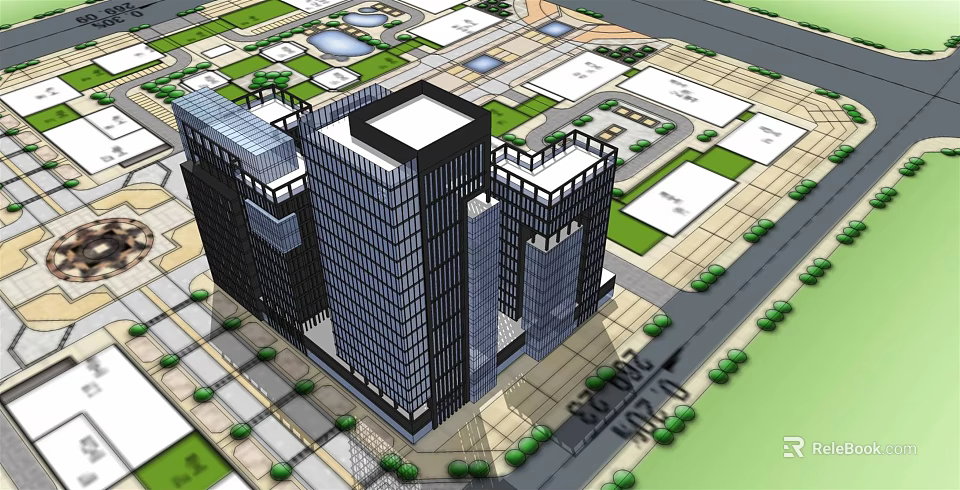 Modern High Rise Office Building Complex With Greenery And Surrounding Roads 3d model