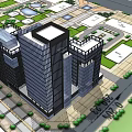 Modern High Rise Office Building Complex With Greenery And Surrounding Roads 3d model