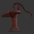 Vintage Red Rusted Manual Water Pump As Industrial Equipment With Cast Iron Structure