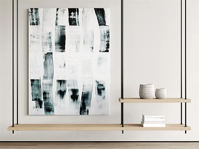 Abstract Painting With Black White Gray Strokes On Modern Wall Wooden Shelf Vases And Books 3d model