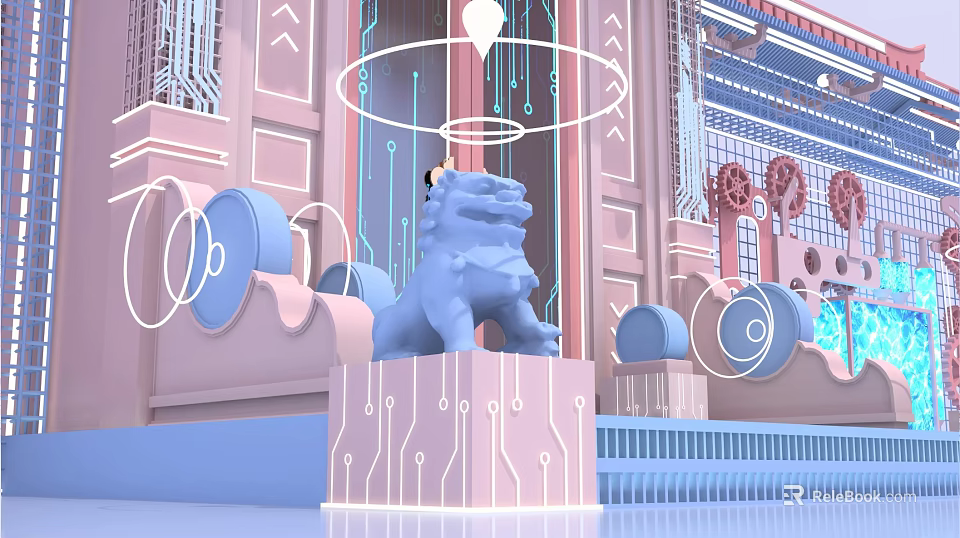 Commercial Equipment Featuring Blue Lion Sculpture Pink Circuit Base Gears And Rings 3d model 