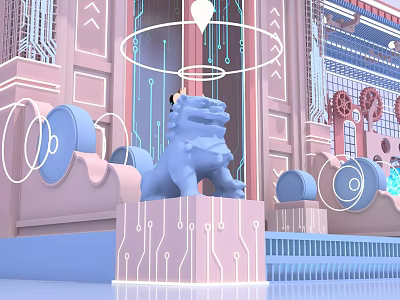 Commercial Equipment Featuring Blue Lion Sculpture Pink Circuit Base Gears And Rings 3d model