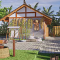 Rustic Courtyard Garden With Wooden Cabin Corn Decor Scarecrow Palm Trees And Stone Paved Path