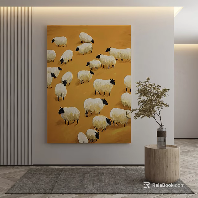 Abstract Painting With Many White Sheep On Orange Background And Small Potted Plant Nearby 3d model 
