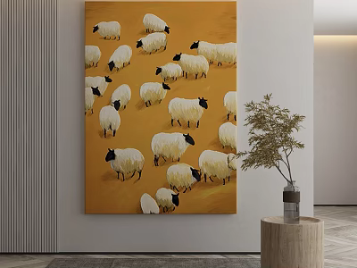 Abstract Painting With Many White Sheep On Orange Background And Small Potted Plant Nearby 3d model