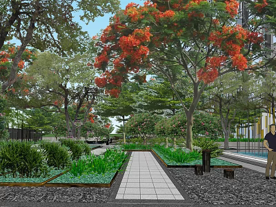 Serene Landscape Garden Design with Flame Trees Red Flowers Stone Path and Benches 3d model