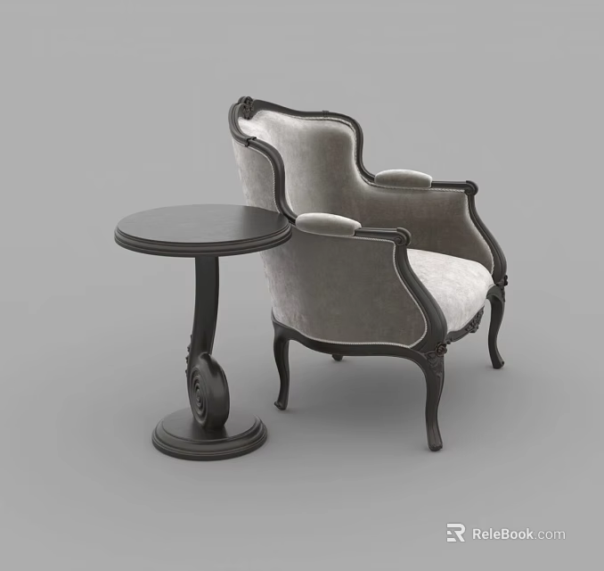 Vintage Style Accent Chair With Dark Wooden Frame Light Upholstered Cushion And Round Side Table 3d model 