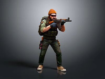 Tactical Game Character With Orange Beanie Sunglasses Green Backpack Tactical Vest Green Pants And Rifle 3d model