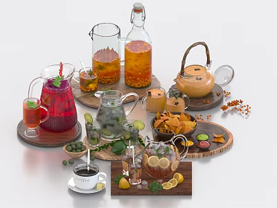 Assorted Refreshing Beverages In Different Containers And Garnishes 3d model