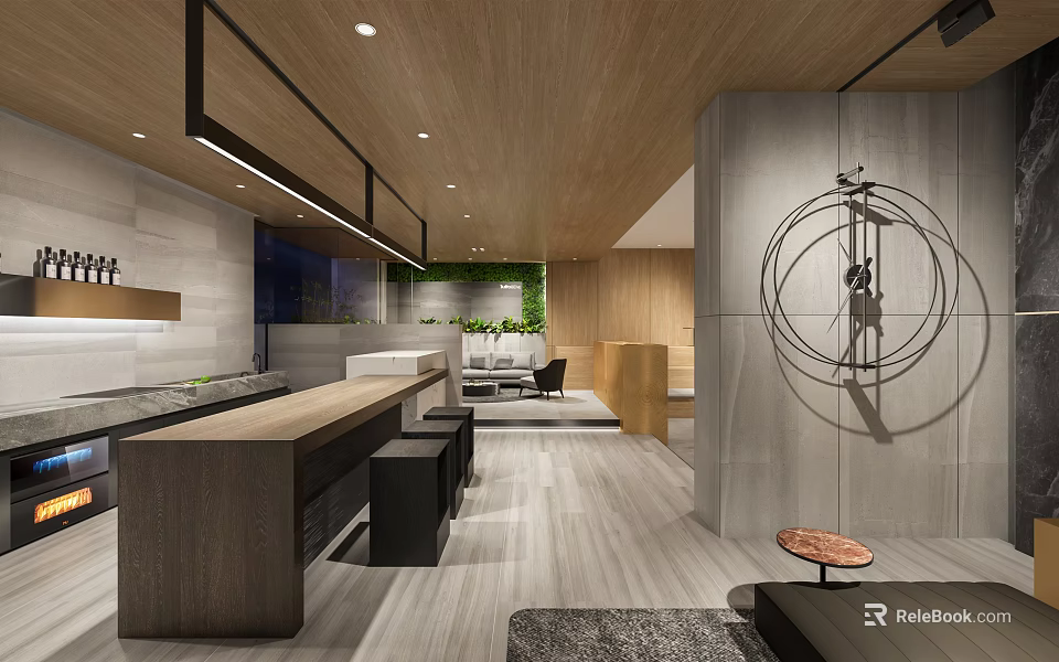 Modern Open Kitchen Interior Design With Wooden Ceiling Island Counter And Seating 3d model 