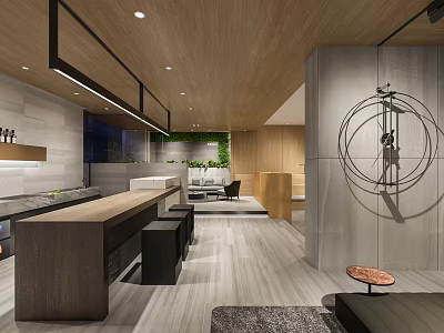 Modern Open Kitchen Interior Design With Wooden Ceiling Island Counter And Seating 3d model