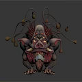 Vibrant Mythical Creature With Pig Like Head Open Mouth Tongue Tentacle Appendages And Yellow Sacs