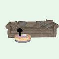 Brown Distressed Leather Three Seater Sofa With Cushions And Gold Base Round Coffee Table