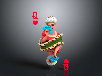 Queen of Hearts Themed Decorative Doll With Crown And Red Heart Symbols 3d model