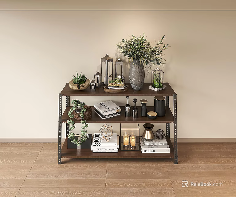 Multi Tiered Wooden Storage Shelf With Metal Frame And Decorative Items 3d model 