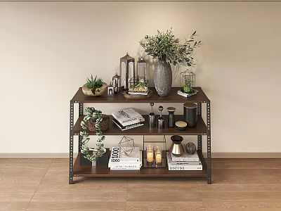 Multi Tiered Wooden Storage Shelf With Metal Frame And Decorative Items 3d model