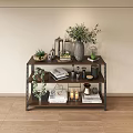 Multi Tiered Wooden Storage Shelf With Metal Frame And Decorative Items