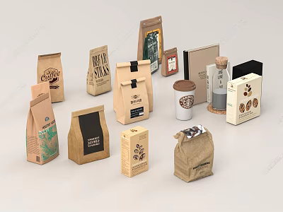 Decorative Coffee Packaging Display Set With Paper Bags Boxes Cups And Bottles 3d model