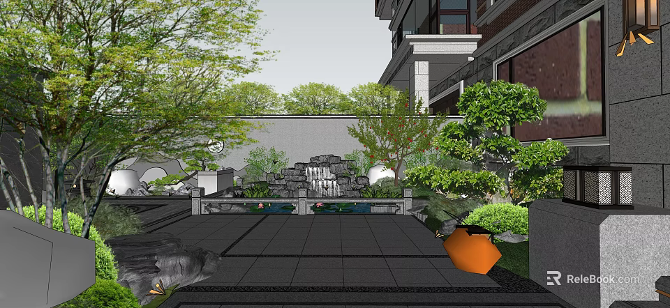 Traditional Garden Landscape With Rockery Water Feature Green Plants And Paved Courtyard 3d model 