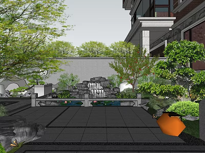 Traditional Garden Landscape With Rockery Water Feature Green Plants And Paved Courtyard 3d model