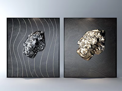 Modern Background Wall With Black And Gold Textured Abstract Artworks And Wavy Lines 3d model