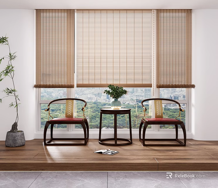 Traditional Style Leisure Chairs With Red Cushions And Wooden Table By Window With Bamboo Blinds 3d model 