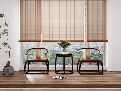 Traditional Style Leisure Chairs With Red Cushions And Wooden Table By Window With Bamboo Blinds 3d model